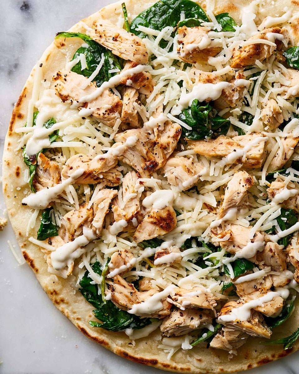 A close-up of a flat round pita bread on a white marbled surface, topped with one layer of light green wilted spinach leaves, then a layer of white shredded cheese scattered unevenly. On top of that, there are pieces of cooked light brown grilled chicken scattered all over, with a creamy white sauce drizzled lightly on top of the chicken. The edges of the pita bread are slightly golden and soft looking. Photo taken with an iphone --ar 4:5 --v 7