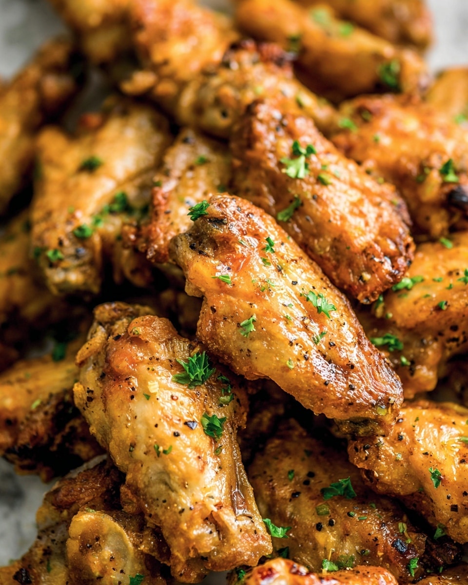 The image shows a close-up of many crispy chicken wings piled together, with golden brown skin that looks slightly shiny and crunchy. The wings have small green parsley pieces sprinkled over them, adding bright green specks to the warm tones of the chicken. The texture of the skin is uneven and rough, with some black pepper bits visible. The background has a soft white marbled texture, creating a clean look behind the wings. photo taken with an iphone --ar 4:5 --v 7