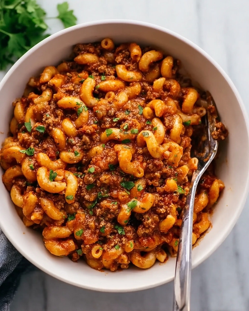 A bowl filled with elbow macaroni pasta covered in a thick reddish-orange meat sauce with visible small green herb pieces on top, giving a fresh contrast. The sauce has a rich texture with bits of ground meat evenly mixed throughout. A silver fork is placed inside the bowl on the right side, partially submerged in the pasta. The bowl is white, sitting on a white marbled surface with a hint of green leafy garnish blurred in the background photo taken with an iphone --ar 4:5 --v 7