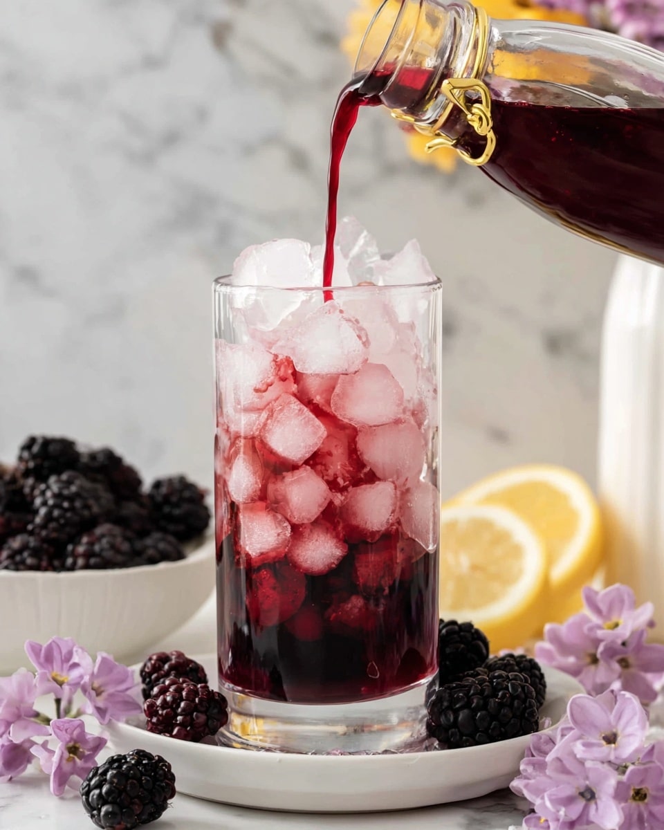 A clear glass is filled with a layer of dark red berry mix at the bottom, followed by a thick layer of crushed clear ice rising almost to the top. A dark red liquid is being poured from a clear bottle with a gold clasp into the glass, creating a glossy, flowing contrast against the ice. The glass sits on a white plate surrounded by fresh blackberries and light purple flowers, with a bright yellow lemon slice on the right side. The background features a white marbled surface and a white berry container. Photo taken with an iphone --ar 4:5 --v 7