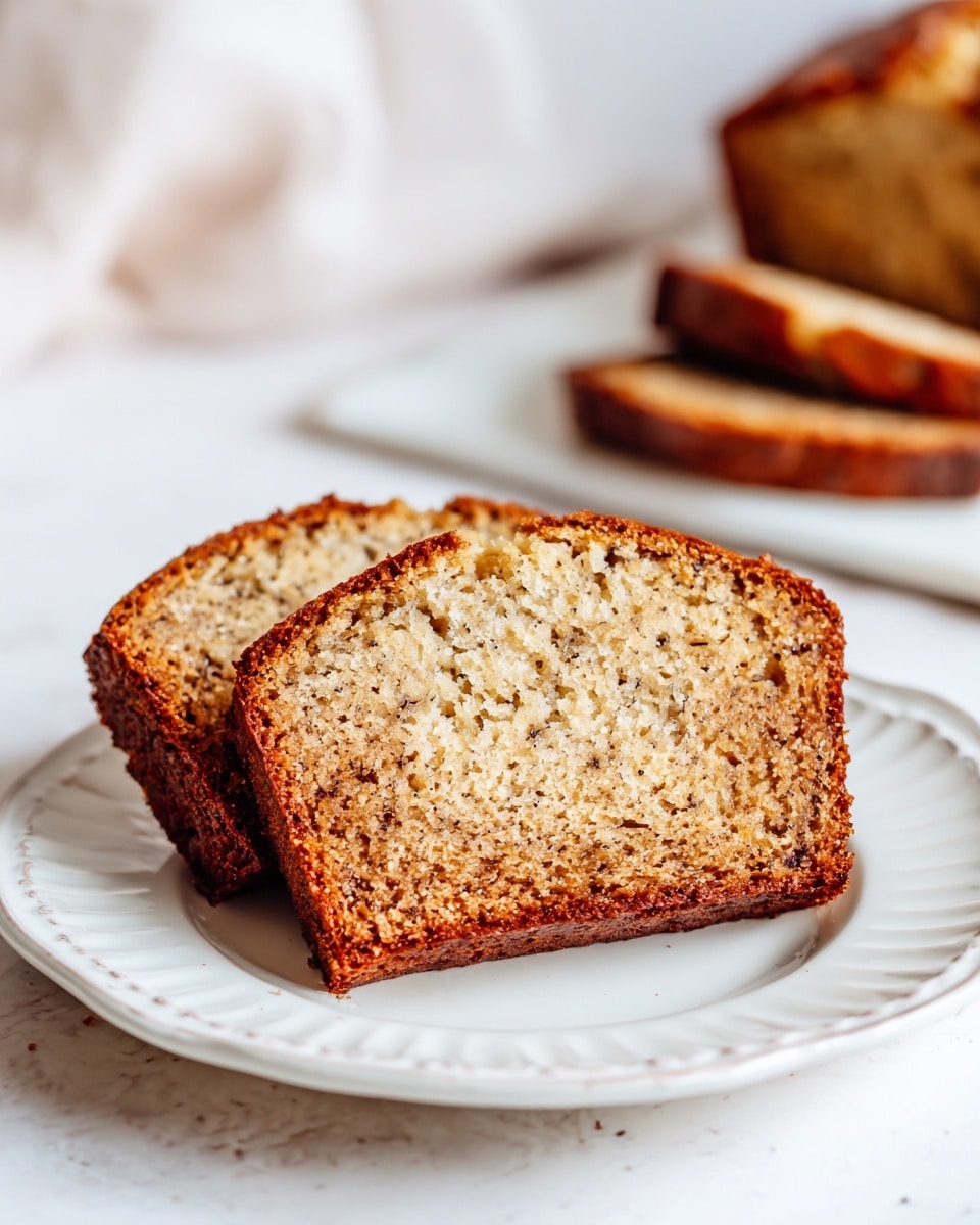 A close-up of two slices of banana bread placed on a white plate with a subtle decorative edge, showing a moist, light brown interior with small bits of darker spots scattered throughout. The crust is slightly darker and textured, wrapping the edges of the slices. In the blurred background, there is a white cutting board lying on a white marbled surface, holding the rest of the loaf, partially sliced with a few more pieces stacked together. The soft natural lighting highlights the bread’s texture and gives a warm, inviting feeling. Photo taken with an iphone --ar 4:5 --v 7
