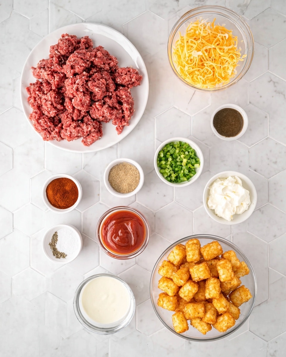 The image shows several cooking ingredients neatly arranged on a white marbled hexagonal tile surface. On the bottom left, there is a white plate piled with raw ground meat, deep red with some white fat mixed in. To the bottom right, there is a clear glass bowl filled with golden-brown tater tots with a crispy texture. Near the top right, a clear measuring cup holds plenty of shredded bright orange cheese. Scattered around the middle are small white bowls and containers holding different ingredients: finely chopped green onions, a small light green bowl of white sour cream, a small can of smooth red tomato sauce, a small bowl of white chopped onions, a bowl filled with dark reddish brown chili powder, another white bowl with ground light brown spice, a white bowl with liquid vanilla or soy sauce, and a white bowl holding a mix of white salt and black pepper. The items are evenly spaced, and the clean, bright setting emphasizes the colors and textures of the fresh ingredients photo taken with an iphone --ar 4:5 --v 7