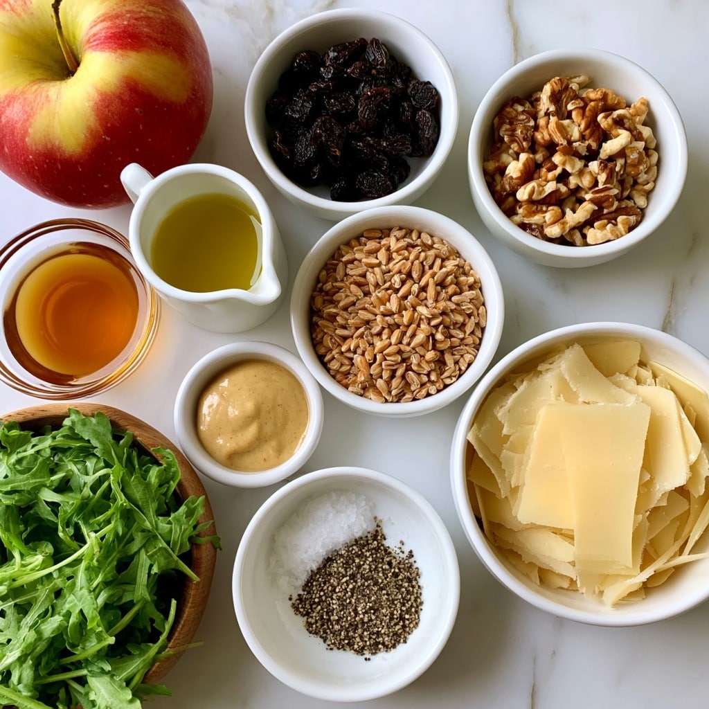 The image shows several small white bowls arranged on a white marbled surface, each filled with different ingredients for a farro salad: light brown dry farro grains in the center, dark raisins in one bowl, chopped light brown walnuts or pecans in another, pale yellow extra-virgin olive oil in a small white pitcher, light brown dijon mustard in a small bowl, and a light amber liquid labeled as apple cider vinegar or lemon juice in another bowl. There is also a medium-sized white bowl with salt and black pepper, and a white bowl containing shaved or grated pale yellow cheese. On the left side, there is a red and yellow apple, a small glass bowl of amber maple syrup, and a wooden bowl filled with bright green baby arugula leaves. The whole setup is clean and organized. photo taken with an iphone --ar 4:5 --v 7
