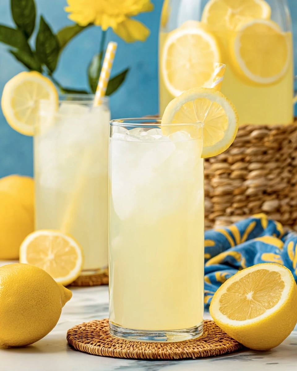 A clear tall glass filled with light yellow lemonade and ice cubes, with a yellow and white striped straw inside, garnished on the rim by one thin round slice of lemon; behind it, another similar glass also with a lemon slice on the rim, and a large clear pitcher filled with lemonade and several round slices of lemon floating inside; in front of the glass, two halved lemons rest on a white marbled surface, a woven brown coaster under the glass, and a woven basket holding the second glass behind the first; a bright yellow flower and green leaves in the blurry background add color, along with a blue wall; a blue, yellow, and white patterned cloth is draped beside the lemonade; photo taken with an iphone --ar 4:5 --v 7