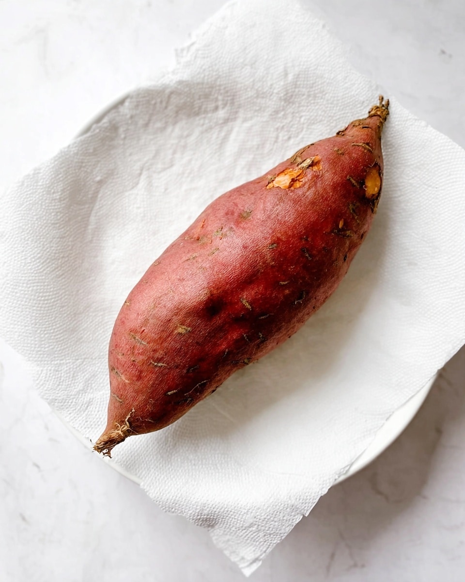 A single cooked sweet potato with a deep reddish-brown skin lies in the center of a white plate, which is lined with a white paper towel. The sweet potato's skin looks slightly wrinkled and textured with some darker spots, and the ends taper off naturally. The plate sits on a white marbled surface, giving a clean and bright background to the simple presentation. photo taken with an iphone --ar 4:5 --v 7