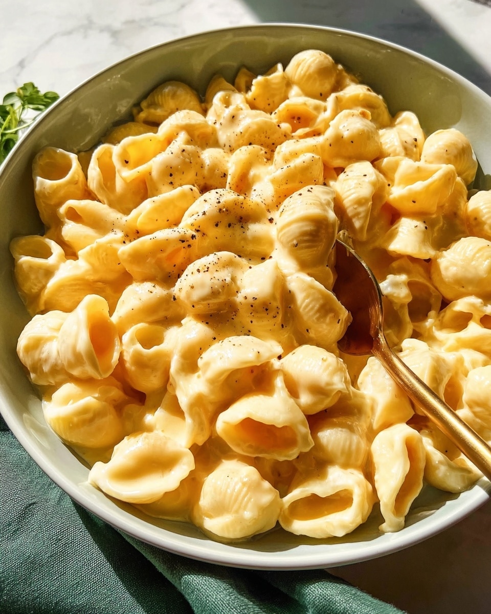 A close-up of a white bowl full of creamy macaroni and cheese, where the small shell pasta pieces are covered in smooth yellow cheese sauce with a few specks of black pepper. A gold spoon rests inside the bowl, partly submerged in the cheesy pasta. The bowl sits on a white marbled surface with a green cloth nearby, soft sunlight brightening the dish and making the cheese sauce look warm and rich photo taken with an iphone --ar 4:5 --v 7