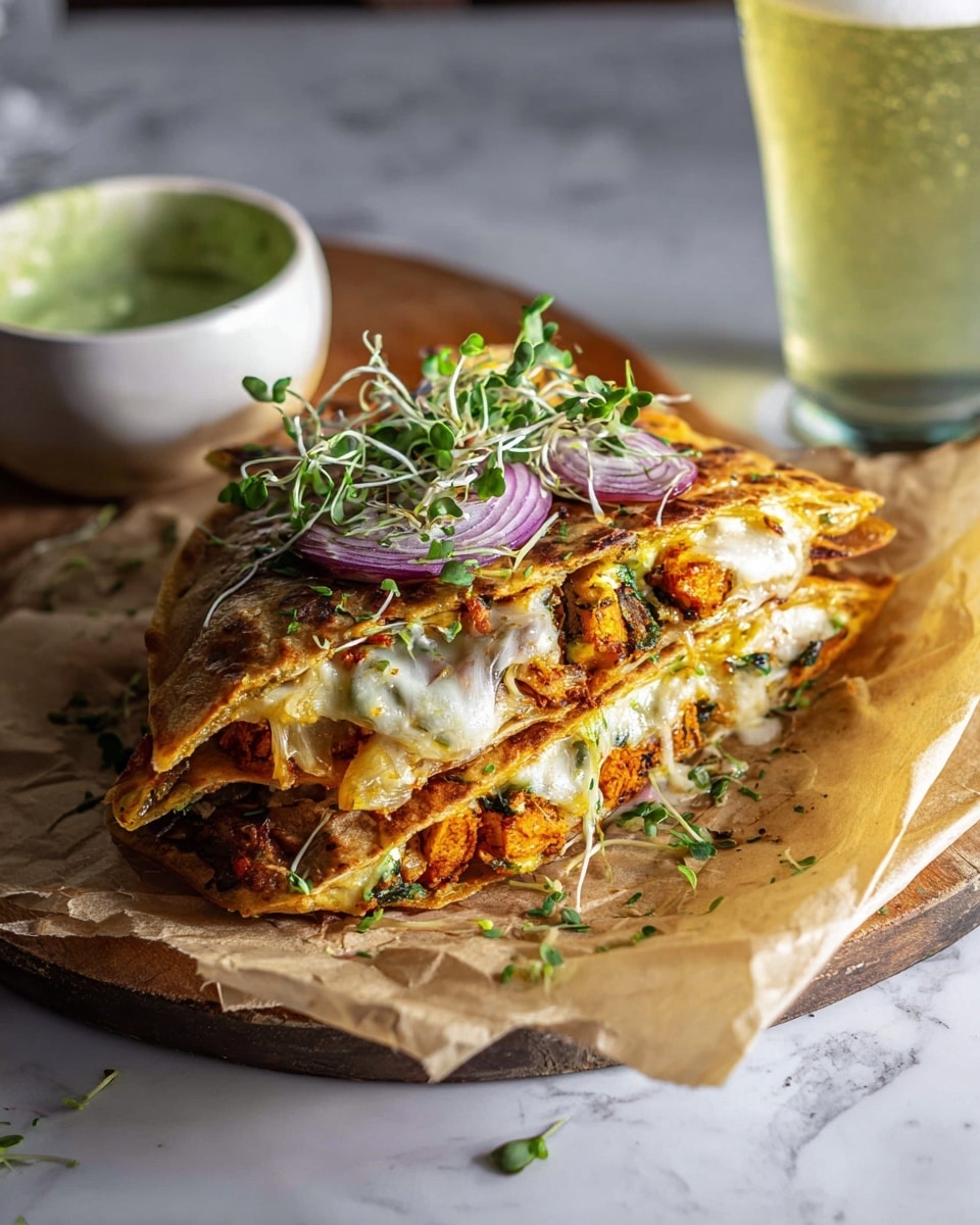 The image shows a folded flatbread sandwich on parchment paper over a rustic round tray. The sandwich has two layers of golden brown flatbread with some sesame seeds on top. Inside, there are visible layers of grilled orange-brown chicken pieces, green leafy herbs, light yellow melted cheese, and pickled purple onions, with some green sprouts on one side. To the side, there is a dark wooden knife and small jars with sauces or pickled items. The surface under the tray has a white marbled texture. photo taken with an iphone --ar 4:5 --v 7