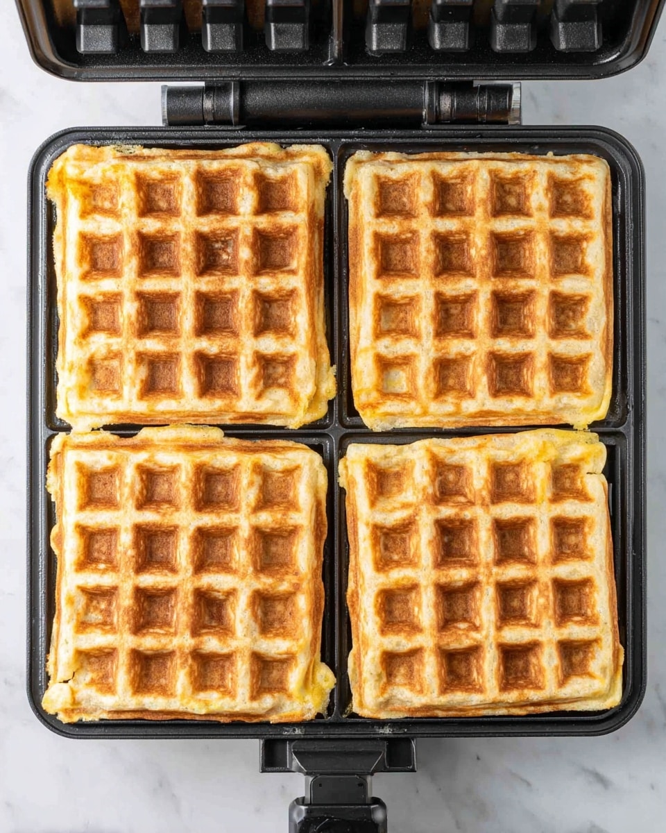 The image shows four square waffles inside a black waffle iron, arranged in a 2 by 2 grid. Each waffle has a light golden brown color with slightly darker, crispy edges and square pockets formed by the waffle grid pattern. The waffles look thick and fluffy with a soft texture visible through small air bubbles. The waffle iron rests on a white marbled surface, and the top of the iron is open, showing all four waffles evenly cooked on the top side. photo taken with an iphone --ar 4:5 --v 7