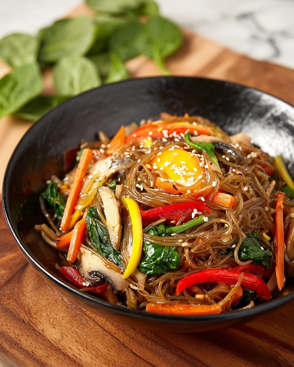 A black bowl filled with a colorful noodle dish sits on a wooden surface. The dish has thin, glossy brown noodles mixed with thin strips of bright orange carrot, yellow egg slices, red bell peppers, green spinach leaves, and light brown mushrooms. The noodles and vegetables are topped with small white sesame seeds scattered across. In the background, there are green spinach leaves on a white marbled surface. photo taken with an iphone --ar 4:5 --v 7