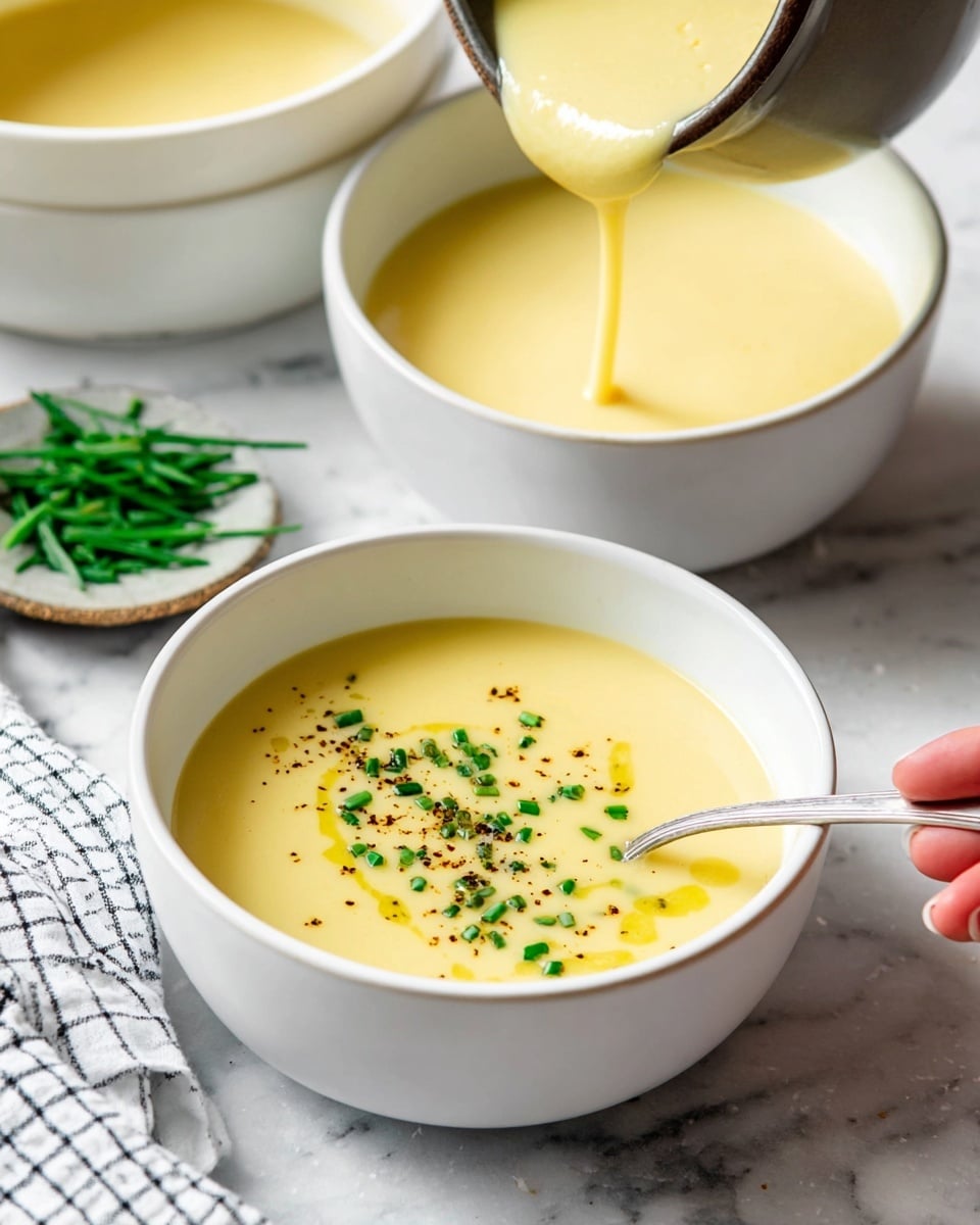 A close-up view of two white bowls holding smooth, pale yellow soup; one bowl is full of the soup with small cut green chives and black pepper sprinkled on top along with a light drizzle of oil, and a silver spoon in it held by a woman's hand. The other bowl in the background shows creamy soup being poured from a ladle, creating a thick stream of yellow soup flowing down. Both bowls sit on a white marbled texture surface, with a small plate of fresh green chives and a checkered cloth nearby. Photo taken with an iphone --ar 4:5 --v 7