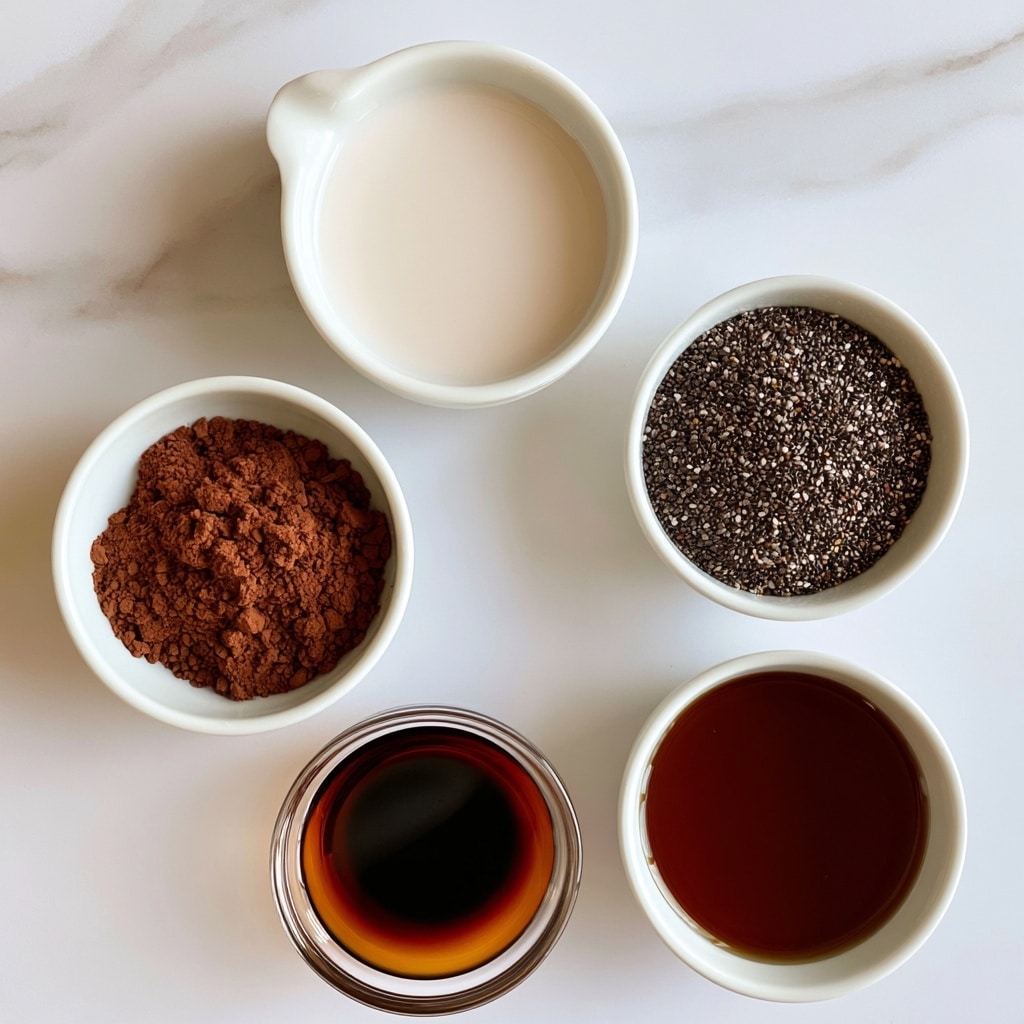 The image shows five small white bowls on a white marbled surface, each holding different ingredients for a recipe. In the top center, a round white bowl with a small pouring spout contains smooth, pale milk filling the whole bowl. Below and to the left, a round white bowl holds a heap of rich brown cacao powder with a slightly crumbly texture. To the right of the cacao, another round white bowl is filled with tiny, dark chia seeds speckled with some light-colored seeds, densely packed inside. Near the bottom left, a clear glass bowl contains dark amber vanilla extract with a smooth, glossy surface. Lastly, at the bottom right, a round white bowl holds dark brown maple syrup with a shiny, liquid texture. All bowls are evenly spaced, placed on a clean white marbled surface, photo taken with an iphone --ar 4:5 --v 7