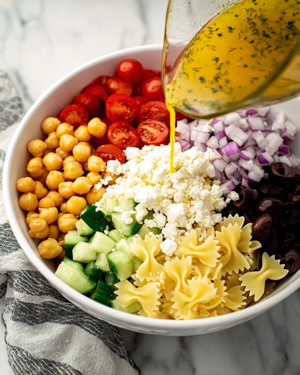 A white bowl holds layered ingredients in separate sections including golden chickpeas, halved red cherry tomatoes, green cucumber slices, diced purple onions, dark black olives, pale yellow bowtie pasta, and crumbly white feta cheese in the center. A yellow dressing with herbs is poured from a clear measuring cup onto the feta cheese. The bowl sits on a white marbled surface with a gray and white striped cloth nearby. photo taken with an iphone --ar 4:5 --v 7