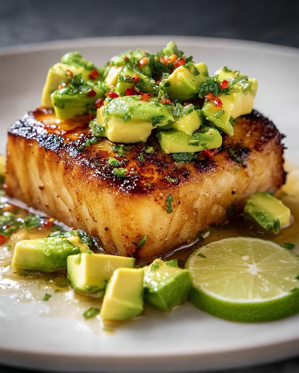 A thick cube of golden-brown grilled fish sits center on a white plate, its surface showing char marks and glistening slightly with oil. Atop the fish, small bright green chunks of avocado with flecks of dark green herbs and red chili flakes add freshness and color. More avocado pieces scatter beside the fish on the plate, next to two lime wedges showing their juicy, textured interiors. The plate rests on a white marbled surface, and the whole scene is lit to highlight the fish’s crispy texture and the creamy avocado. photo taken with an iphone --ar 4:5 --v 7