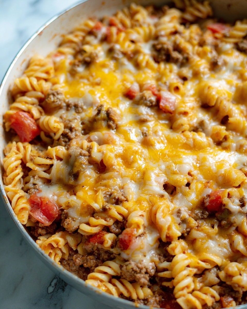 This close-up image shows a rich, cheesy pasta dish with three main layers. The bottom layer is small macaroni pasta in pale cream color, mixed well with small pieces of cooked browned meat spread evenly throughout. The middle layer includes diced red tomatoes and bits of onion, adding a touch of red and white colors and soft texture. The top layer is melted yellow and white cheddar cheese, glossy and stretchy, covering the pasta and meat with creamy, melted goodness. The food looks warm and soft, with a spoon lifting a portion of the layered mixture. The background surface is white with a marbled texture. photo taken with an iphone --ar 4:5 --v 7