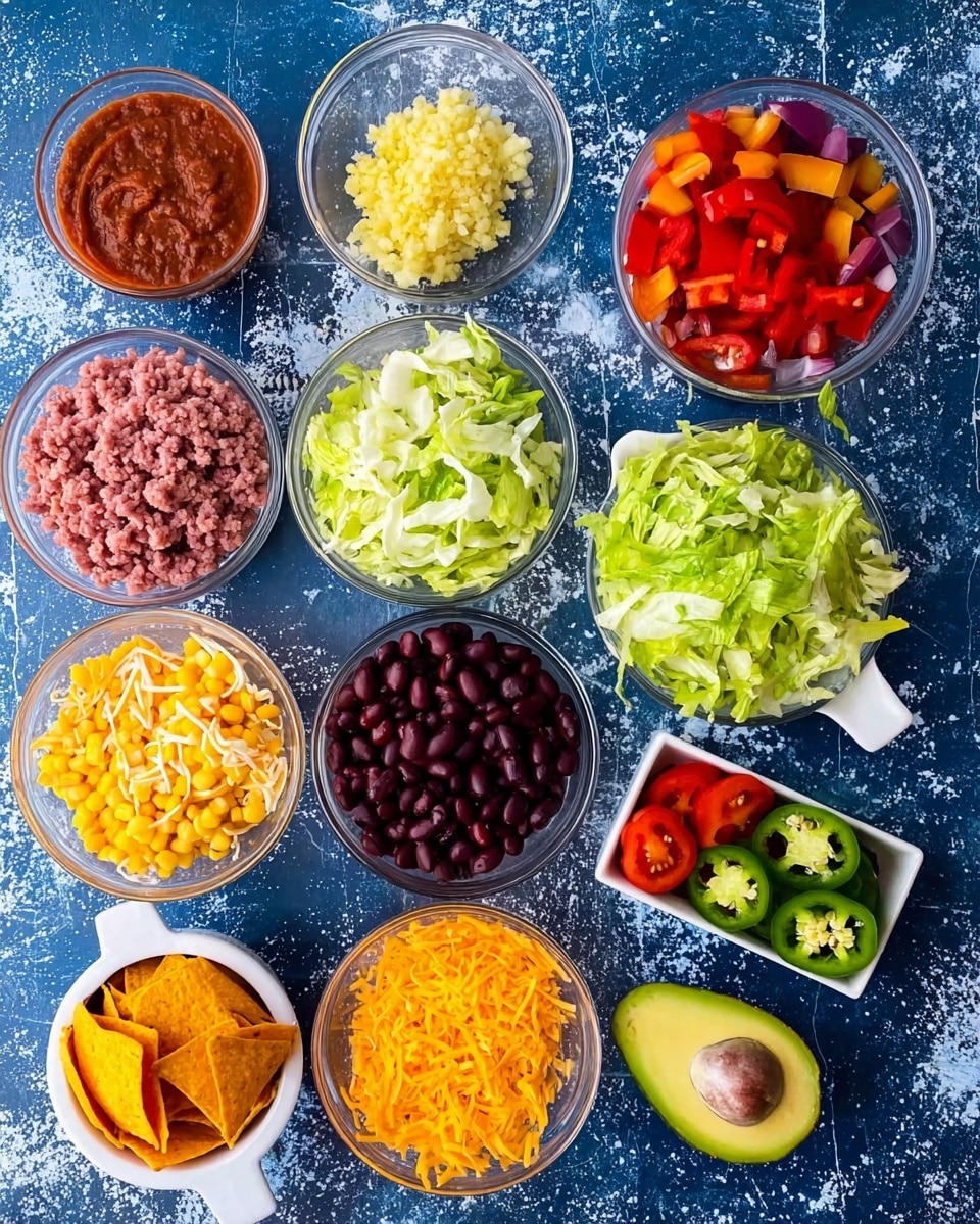 The image shows multiple clear bowls and a white two-handled cup, each filled with different colorful ingredients arranged on a blue surface with a white marbled texture. Starting from the top, there is a bowl filled with reddish-brown sauce. Next to it, a small bowl contains finely chopped light yellow garlic. Below are bowls with bright red chopped bell peppers, light pink ground meat, yellow corn kernels, deep purple-black olives, and light green shredded lettuce. There's also a bowl with dark red kidney beans and a bowl with fluffy shredded yellow cheese. A halved avocado with a brown seed sits on the bottom right. A small rectangular dish holds green jalapeño slices, red chili slices, and orange crushed chips. At the bottom left is a white cup filled with crushed orange-yellow chips. The entire scene is bright and colorful, showing fresh and raw ingredients. Photo taken with an iphone --ar 4:5 --v 7