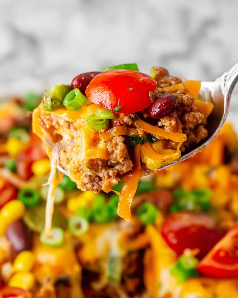 A close-up view of a spoonful of layered food showing a mix of orange shredded cheese, red kidney beans, ground meat with a light brown texture, bright green chopped spring onions, slices of red cherry tomatoes with a shiny surface, and pieces of yellow corn, all held above a background filled with more of the same dish on a white plate, against a white marbled surface. Photo taken with an iphone --ar 4:5 --v 7