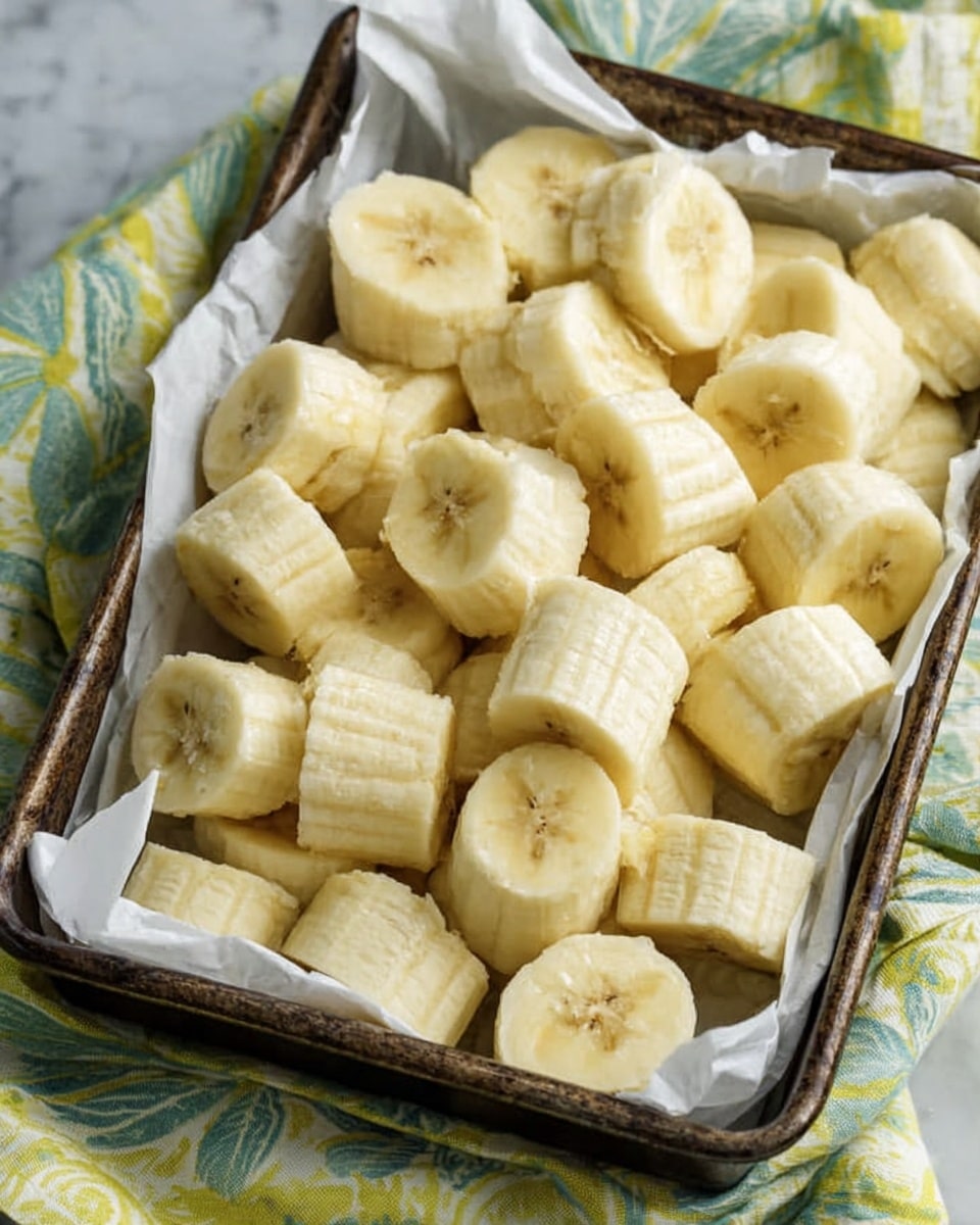The image shows a baking tray lined with white parchment paper that holds several pieces of peeled bananas, all cut into large, thick segments. The bananas are light yellow with soft textures and some visible ridges from the peeling. The tray is dark and rustic, placed on a white marbled surface with part of a light green and yellow patterned cloth visible in the background. Photo taken with an iphone --ar 4:5 --v 7