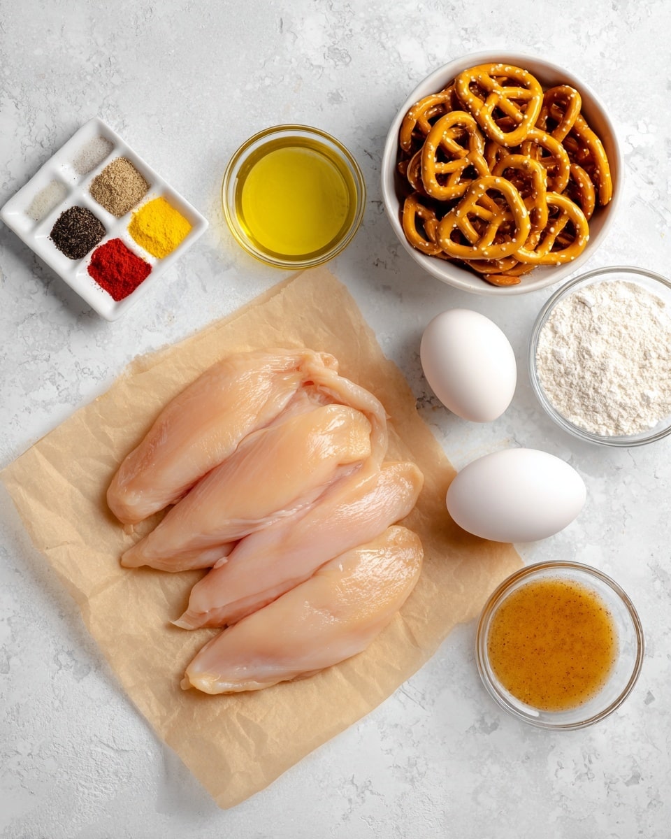 The image shows five raw, pale pink chicken tenders layered on brown parchment paper, positioned toward the bottom left on a white marbled surface. To the top left of the chicken is a small white square dish with three powdered spices divided into sections: black, yellow, and red. Below that, there is a small white square dish filled with yellow oil. At the top right, there is a white bowl filled with golden brown pretzels. Below the pretzels, two white eggs sit directly on the white marbled surface. Near the bottom right corner, there's a small white square dish containing smooth, brown mustard. Closer to the bottom center, a small white bowl contains white flour, and next to it is another small white square dish with light brown honey-like liquid. The background consists of a clean white marbled texture. photo taken with an iphone --ar 4:5 --v 7