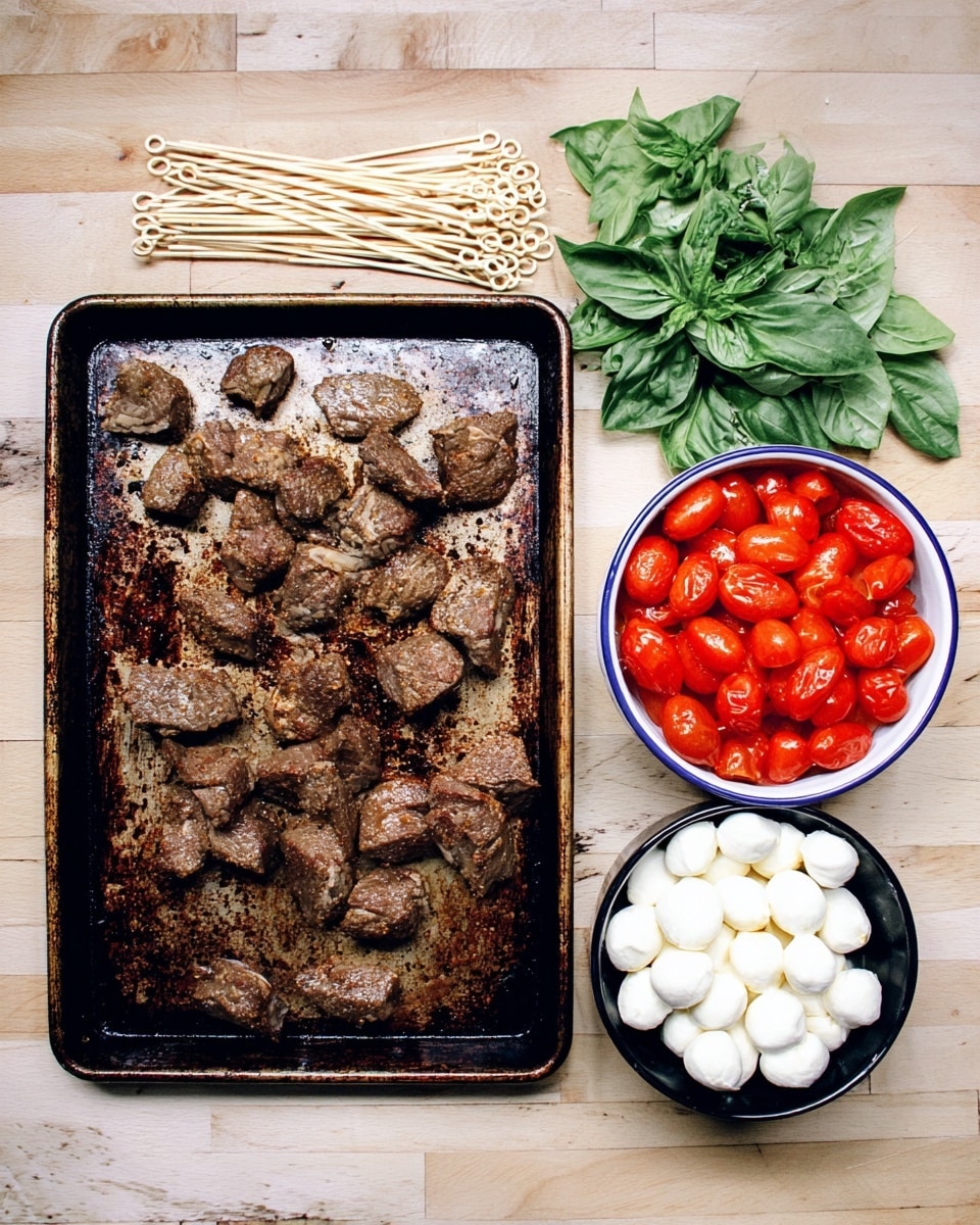 A metal baking sheet with a dark, worn surface holds several pieces of cooked, seasoned meat chunks that are brown with a slightly crispy texture, arranged loosely in the center. Above the sheet is a small pile of fresh, vibrant green basil leaves next to a bundle of light wooden skewers with looped ends laid out evenly. On the right side, a white bowl with a dark blue rim is filled with bright red, shiny roasted grape tomatoes. Below the tomato bowl is a black bowl filled with small white mozzarella balls, smooth and round. All items are arranged neatly on a wooden surface replaced with a white marbled texture photo taken with an iphone --ar 4:5 --v 7