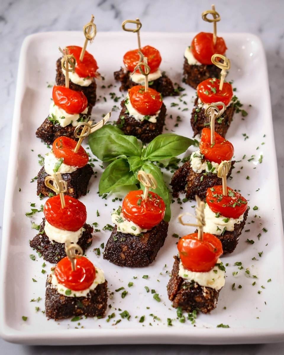 The image shows small bite-sized appetizers arranged on a white square plate with a white marbled surface background. Each piece consists of a dark brown, textured meat base shaped irregularly, topped with a small dollop of white creamy cheese, and a bright red cherry tomato, some whole and some slightly roasted. Each stack is held together with a thin wooden pick with a looped top. The plate is sprinkled around with finely chopped green herbs, and there is a small bunch of fresh green basil leaves in the center for garnish. The overall arrangement is neat but casual, showing about 20 pieces spaced evenly on the plate photo taken with an iphone --ar 4:5 --v 7