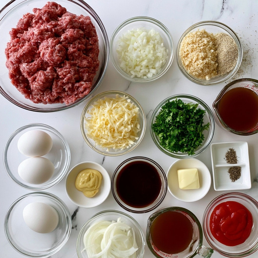 The image shows several clear glass bowls and small white dishes arranged neatly on a white marbled surface. At the top left is a large bowl filled with raw, pink ground beef. To its right are three smaller bowls with finely chopped white onions, light tan breadcrumbs, and a mix of dry French onion soup mix. Below those are more bowls containing shredded pale yellow cheese, bright green chopped parsley, and a measuring cup with dark brown beef broth. Further down, there are two white eggs in a clear bowl, a small dish with light yellow Dijon mustard, a bowl with dark brown Worcestershire sauce, a white dish with a pat of butter, and a small sectioned dish with ground black pepper. Near the bottom, a bowl holds thinly sliced white onions, another measuring cup contains more beef broth, and a clear bowl holds bright red ketchup. Each ingredient is labeled with bold, stylized black text. The photo taken with an iphone --ar 4:5 --v 7