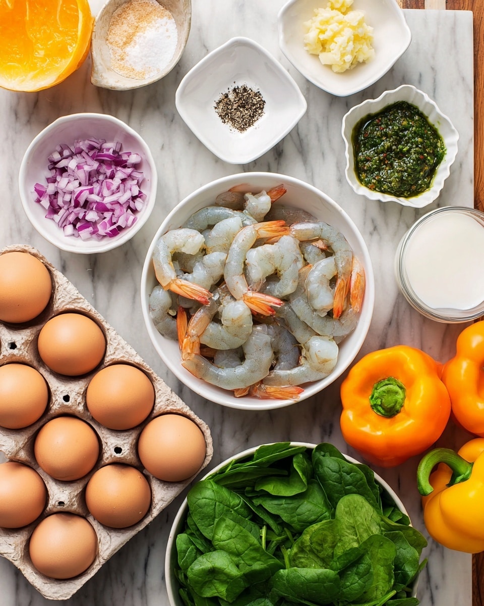 A top-down view of cooking ingredients arranged neatly on a white marbled surface, including a white bowl at the center filled with raw, pale gray shrimp with orange tails on top. Surrounding the bowl are several small white dishes: one with black pepper and salt, another with finely diced purple onions, a small ruffled dish with green herb sauce, and a square dish with minced garlic. On the lower left side is a carton of ten smooth, light brown eggs, and a bunch of fresh dark green spinach leaves fills a white bowl at the lower right. Near the center are a few bright orange and yellow mini sweet peppers and a small white container with creamy milk or cream. Photo taken with an iphone --ar 4:5 --v 7
