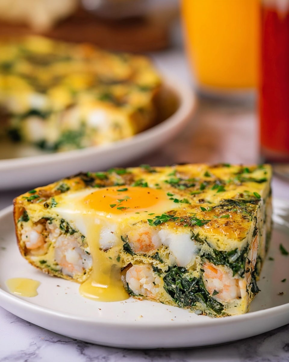 A thick slice of a frittata sits on a white plate on a white marbled surface, showing three clear layers: a golden, slightly runny egg yolk layer on top with finely chopped green herbs sprinkled over, a middle layer with cooked spinach leaves and small chunks of white shrimp mixed into a light, fluffy egg base, and a bottom layer of cooked vegetables tinted pale green and cream. The frittata edges are lightly browned, and the texture is soft but firm, with a rich, moist look from the egg yolk dripping slightly on the side. In the blurry background, another slice on a white plate is visible with similar colors and textures, along with a vibrant orange-yellow drink and a blurred red bottle. photo taken with an iphone --ar 4:5 --v 7