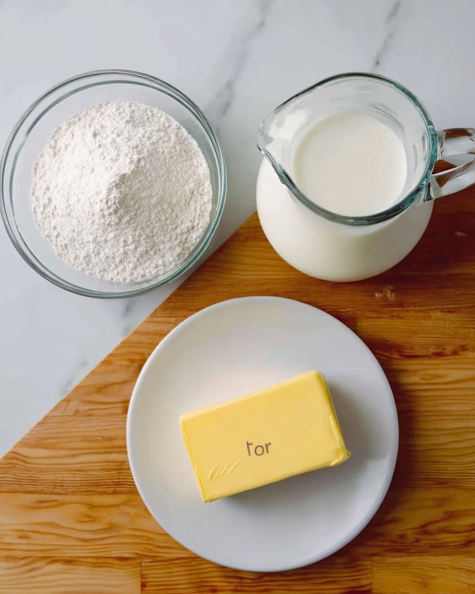 The image shows three glass containers on a white marbled surface. In the top left corner, there is a small clear glass bowl filled with white flour. To the right of it, there is a clear glass measuring jug filled with white milk. Below these, there is a white round plate with a slab of yellow butter placed in the center. The wooden texture of a cutting board can be seen through the glass containers. The overall setup is simple and clean, focusing on the ingredients. Photo taken with an iphone --ar 4:5 --v 7