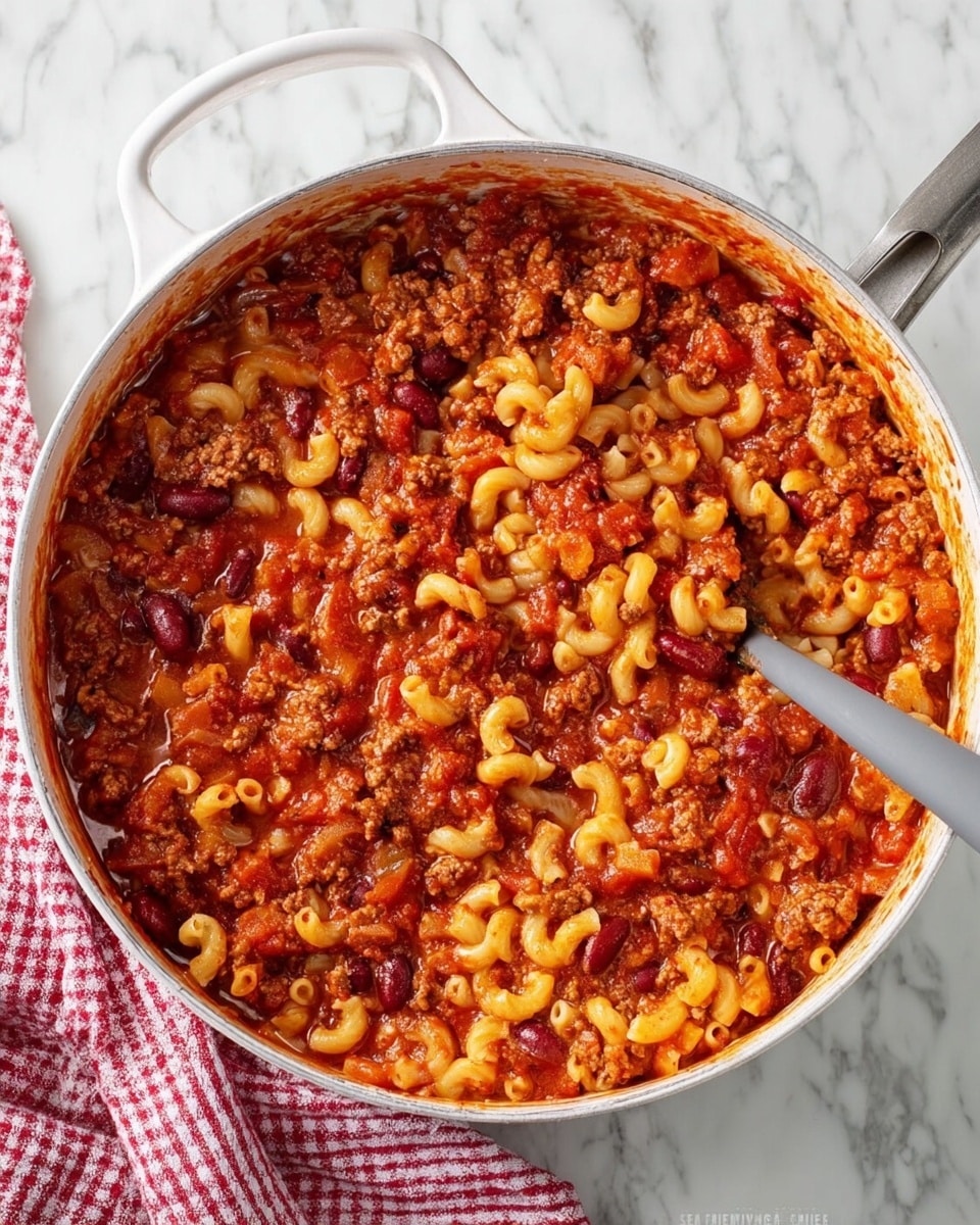 A large white pan filled with a mixed dish of elbow macaroni and chunky red sauce with ground meat and kidney beans. The macaroni is yellow and soft, scattered evenly throughout the thick red sauce that has a slightly shiny, wet texture. The meat is finely chopped and well blended with the sauce and beans. A gray spoon is partially submerged in the mixture on the right side of the pan. The pan sits on a white marbled surface with a red and white checkered cloth nearby. Photo taken with an iphone --ar 4:5 --v 7