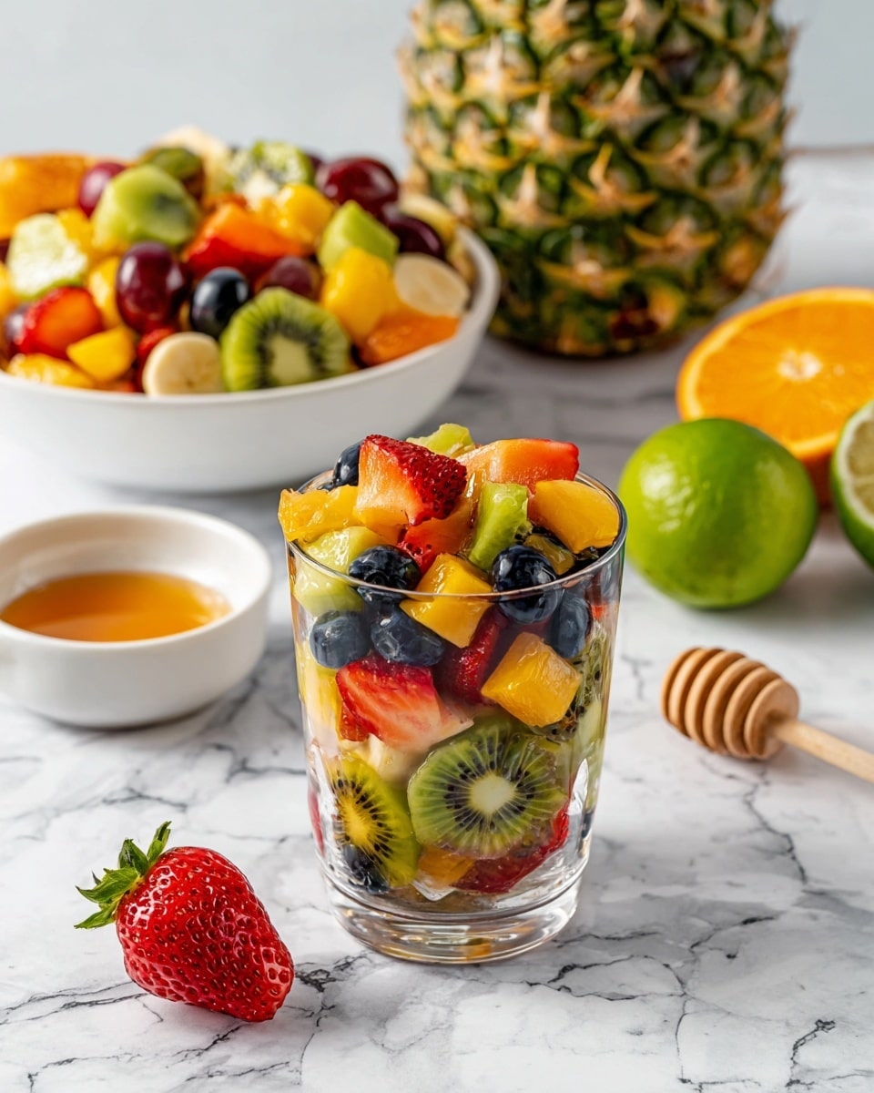 A clear glass is filled with three visible layers of colorful fruit pieces: at the bottom, blueberries and red grapes, in the middle, green kiwi slices, banana chunks, and mango cubes, and on top, bright orange mandarin segments, red strawberry halves, and more grapes, creating a vibrant mix of textures. Behind the glass, there is a white bowl overflowing with a similar colorful fruit salad, including all the fruits seen in the glass. The setting includes whole fruits such as a green lime sliced in half, a tangerine, a large pineapple with spiky green leaves, and a large strawberry on a smooth white marbled surface. A small white bowl with honey and a wooden honey dipper are also nearby, enhancing the fresh and natural vibe. The overall scene is bright, fresh, and colorful. photo taken with an iphone --ar 4:5 --v 7
