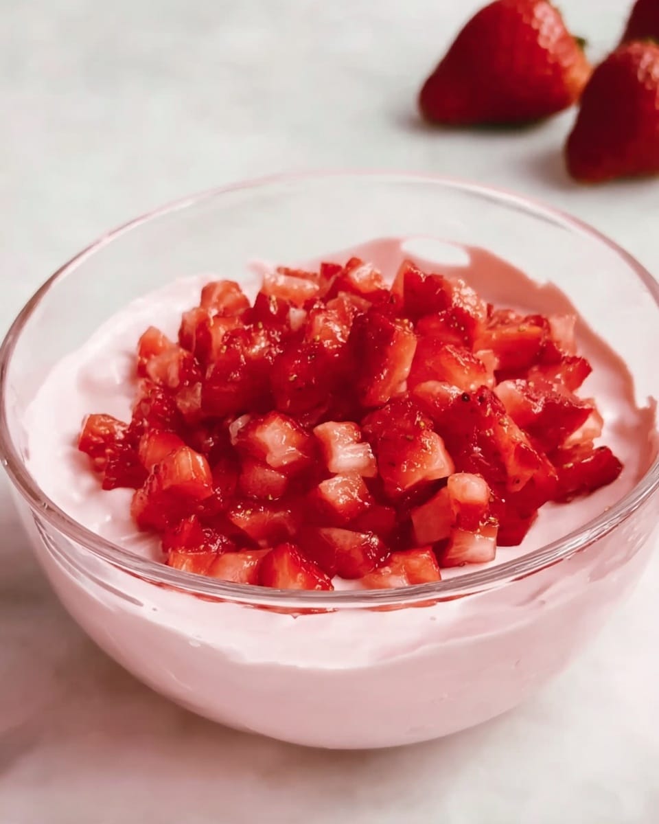 A clear glass bowl contains two layers: the bottom layer is a smooth, light pink creamy mixture that fills most of the bowl, and on top is a generous pile of small, chopped bright red strawberries. The bowl sits on a white marbled surface with a few whole strawberries blurred in the background. photo taken with an iphone --ar 4:5 --v 7