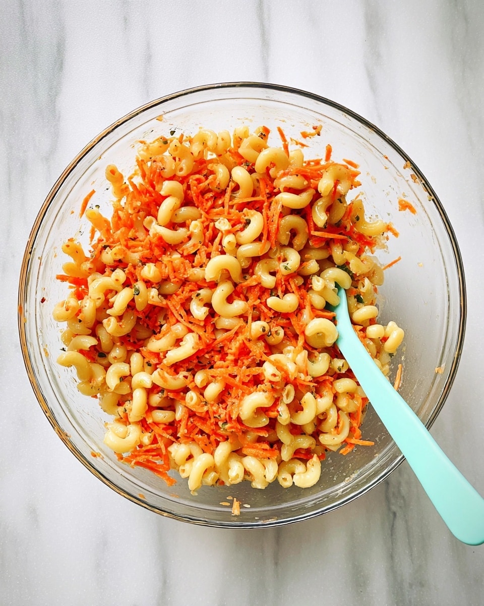 A clear glass bowl sits on a white marbled surface, filled with a mix of pale yellow elbow macaroni and bright orange shredded carrots, evenly combined. A light turquoise spoon rests inside the bowl on the right side, partially buried in the pasta and carrot mixture, adding a soft contrasting color. The textures of the cooked pasta and shredded carrots are distinct, with the pasta smooth and curved, while the carrots are finely shredded and slightly rough. Small bits of the mixture cling to the sides of the bowl, indicating fresh mixing. photo taken with an iphone --ar 4:5 --v 7