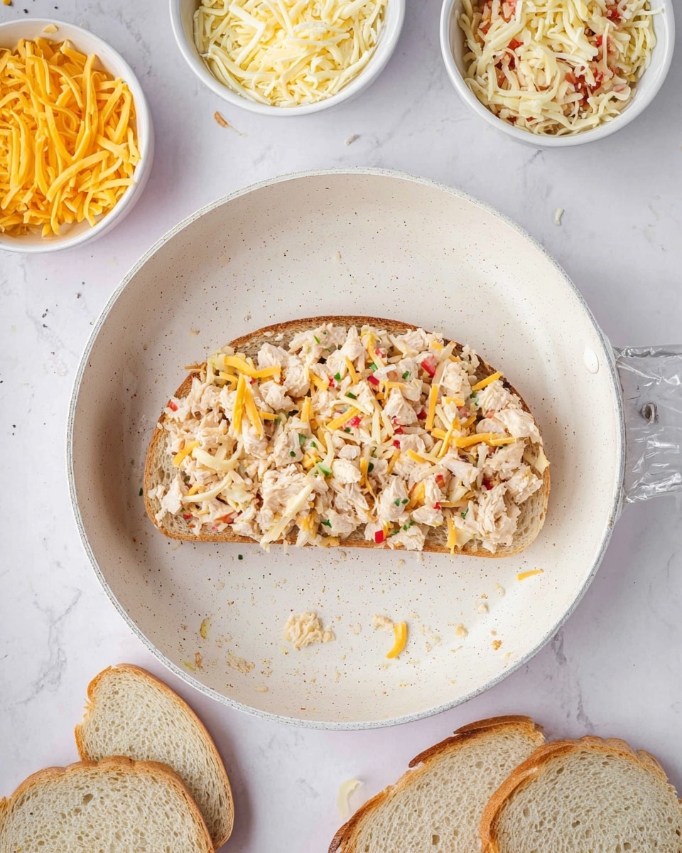 A white pan holds a single slice of light brown bread topped with a mixed layer of small chopped pieces of pale chicken, shredded white and yellow cheese, and bits of red and green vegetables all combined into a creamy texture. Around the pan, there are small white bowls holding shredded white cheese and shredded yellow cheese, and an additional bowl with more of the mixed topping. Below the pan and on a white marbled surface, there are a few slices of plain light brown bread scattered around. photo taken with an iphone --ar 4:5 --v 7