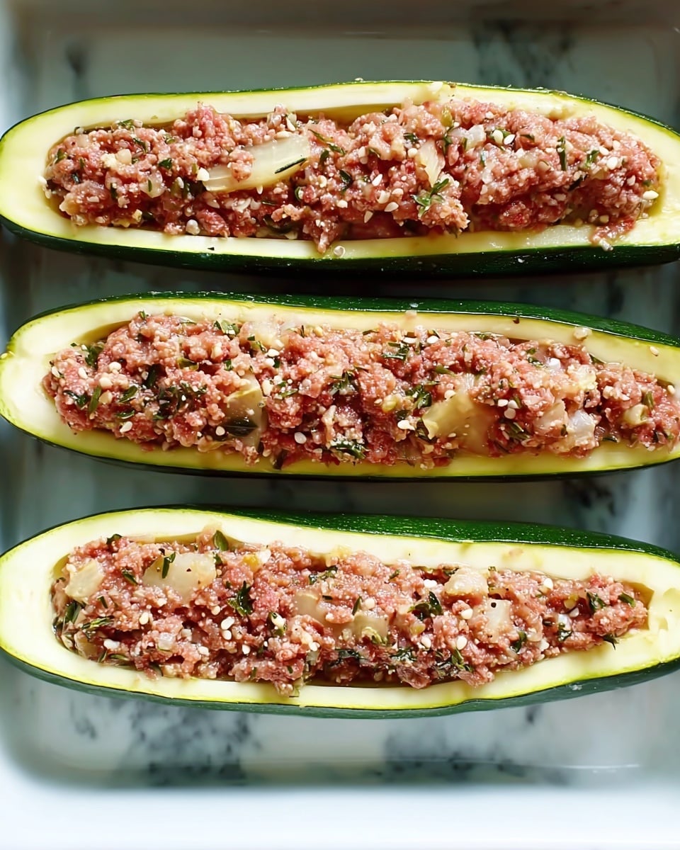The image shows three long zucchini halves placed side by side in a white baking dish. Each zucchini is hollowed out in the middle and filled with a rough, chunky mixture of ground meat and herbs. The ground meat filling has a reddish-pink color mixed with small bits of green herbs and white seeds or grains. The zucchini skin is dark green, and the inside flesh is pale yellow. The white baking dish sits on a white marbled surface. Photo taken with an iphone --ar 4:5 --v 7