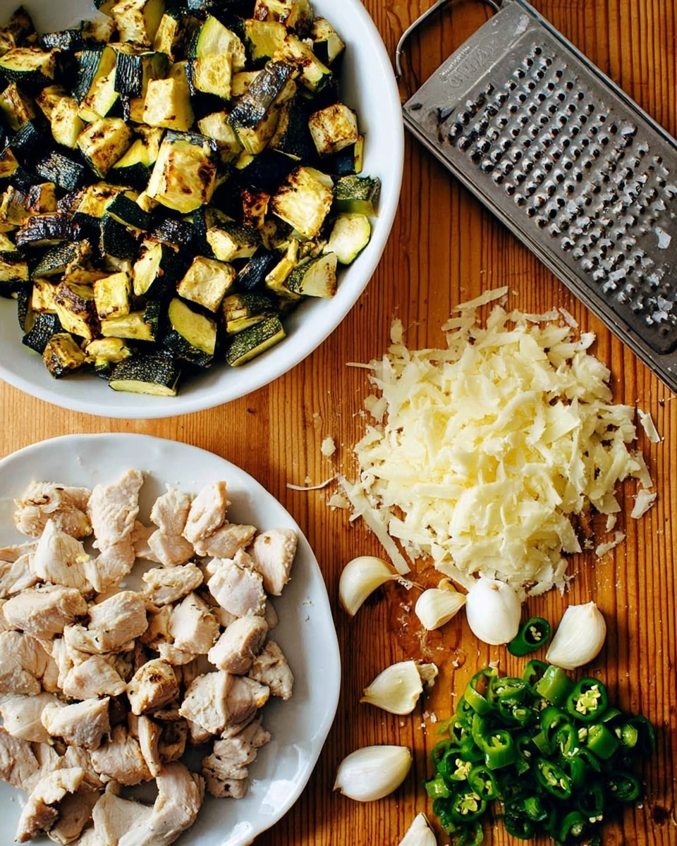 The image shows a wooden table with various food ingredients spread out. On the left side, there is a white bowl filled with grilled, chopped zucchini pieces that are dark green and yellow with a slightly charred texture. Below it, there is a white plate with chopped cooked chicken pieces, light tan with some browned edges. On the right side, there is a pile of grated pale yellow cheese next to a stainless steel grater. Near the center are scattered pieces of peeled white garlic cloves. At the bottom right, there are chopped green jalapeños with seeds visible. The surface is a white marbled texture beneath the wooden table scene. Photo taken with an iphone --ar 4:5 --v 7