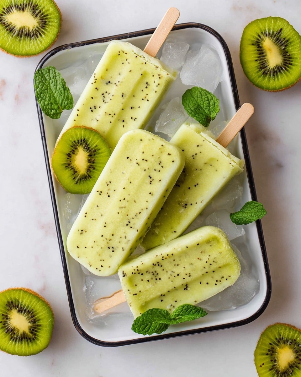 The image shows a white rectangular tray with a black rim holding four kiwi popsicles. Each popsicle is light green with small black kiwi seeds scattered throughout, and they have light wooden sticks. The popsicles rest on a bed of ice inside the tray. Around the tray, there are whole and sliced kiwis with bright green flesh and black seeds, adding color contrast. Small fresh green mint leaves are also placed around the tray. The surface beneath the tray is a white marbled texture. Photo taken with an iphone --ar 4:5 --v 7