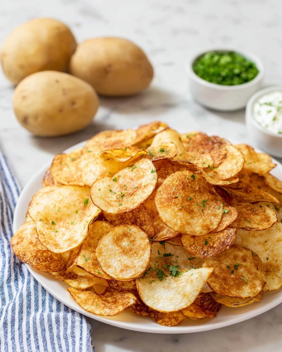 A white plate is full of thin potato chips that are golden brown with some darker edges, sprinkled with small green parsley leaves. The chips have a crispy texture with a slight bubble and seasoning visible on them. Behind the plate, there are three whole potatoes placed on a white marbled surface. On the right side, two small white bowls hold a green herb garnish and a white creamy dip, slightly blurred in the background. A cloth with blue and white stripes is on the lower left corner. The scene is bright and clean with soft natural light. photo taken with an iphone --ar 4:5 --v 7