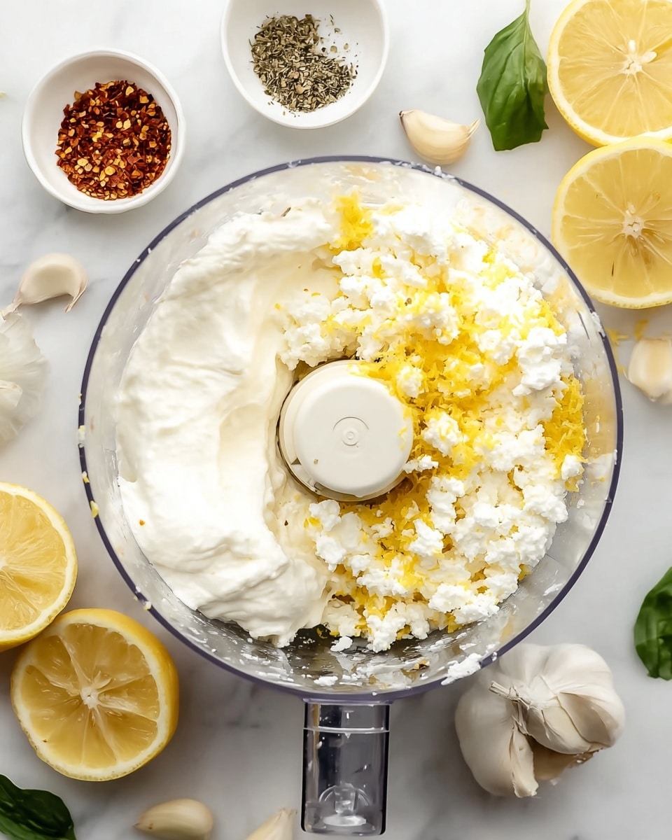 Inside a clear food processor bowl, there are two main layers: one side is white soft cream cheese with a smooth texture, and the other side has crumbled white ricotta cheese topped with bright yellow lemon zest. Around the processor, on a white marbled surface, are three lemon halves showing their bright yellow, juicy insides, a small white bowl of red pepper flakes, a small white bowl with coarse salt and black pepper, a whole garlic bulb, and some green basil leaves. The photo is taken from above with an iphone --ar 4:5 --v 7