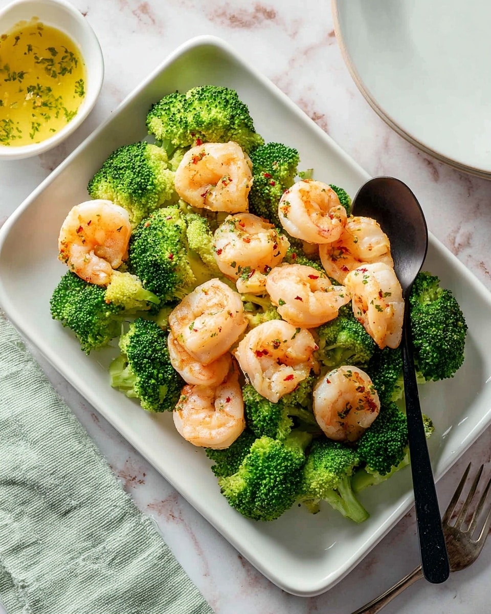 The image shows a white rectangular plate filled with two main layers: bright green broccoli florets at the bottom and light pink cooked shrimp arranged on top. The broccoli looks fresh and slightly steamed with a textured surface, while the shrimp have a slight shine and soft texture with some red seasoning bits visible. A black spoon is placed on the right side of the plate, partially resting on the shrimp and broccoli. The plate sits on a white marbled surface that adds a clean background, and in the top left corner, there is a small white bowl containing yellowish sauce with visible herbs. At the bottom of the image, there is a light green cloth and a partial view of a white plate with a fork. photo taken with an iphone --ar 4:5 --v 7