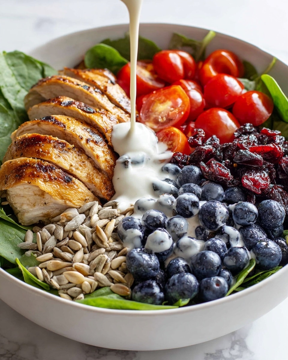 A white bowl on a white marbled surface holds a colorful salad with several layers. The bottom layer is fresh green spinach leaves spread evenly. On top of the spinach, there are five main sections: juicy grilled chicken slices with a golden-brown crust placed in the center-left, bright red halved cherry tomatoes to the upper right, a pile of plump blueberries at the bottom right with creamy white dressing being poured over them, a small mound of tan sunflower seeds in the front-center, and some dried cranberries near the chicken on the left side. The creamy white dressing creates a soft contrast by lightly covering parts of the chicken and blueberries. Photo taken with an iphone --ar 4:5 --v 7
