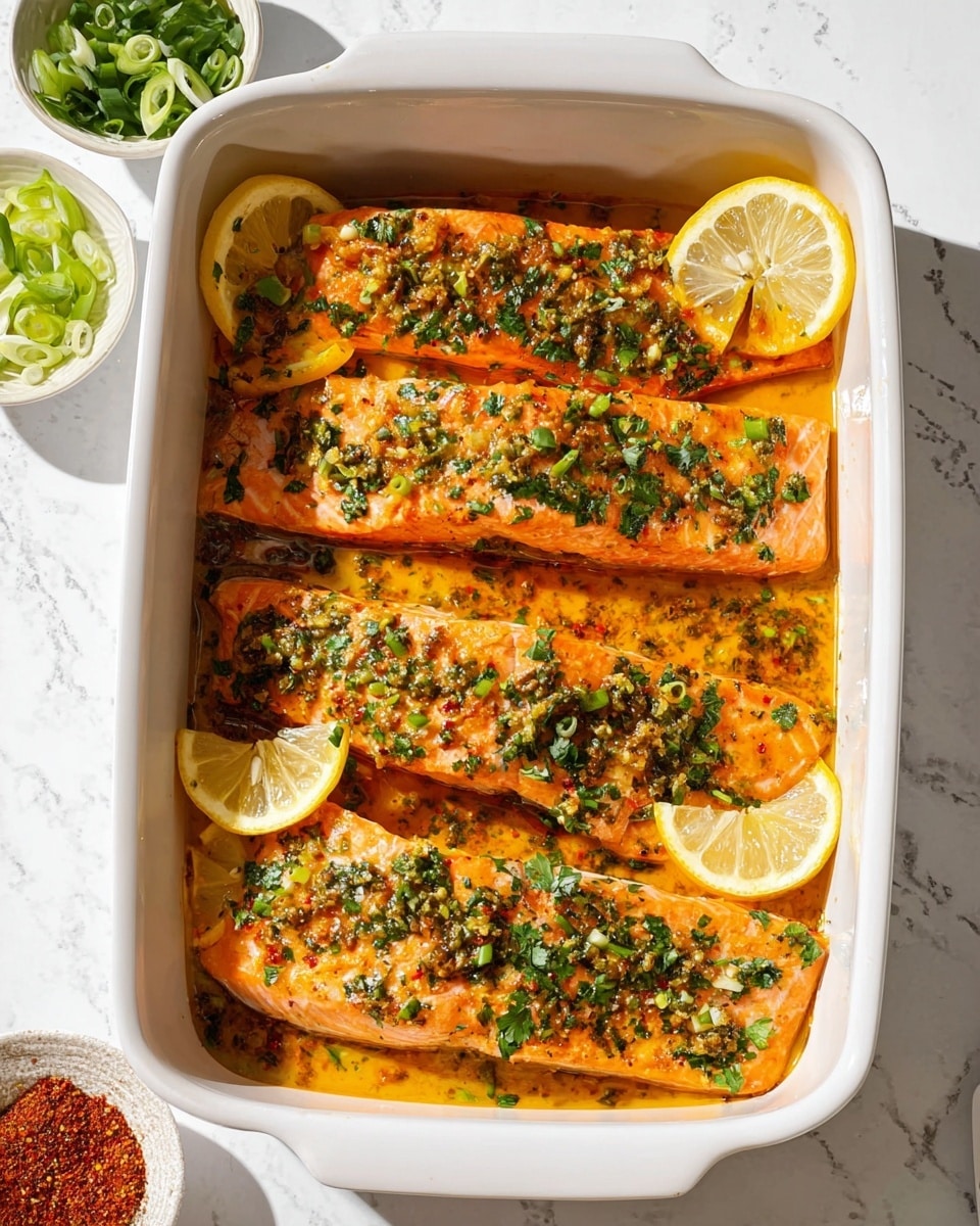 A white oval plate holds two cooked fillets of orange salmon with a slightly glossy texture. The fillets are sprinkled with chopped green herbs and sliced green onions. Around the salmon, there are several bright yellow lemon wedges placed on the plate. The dish is set on a white marbled surface, and the lighting highlights the freshness and colors of the fish and garnishes. photo taken with an iphone --ar 4:5 --v 7