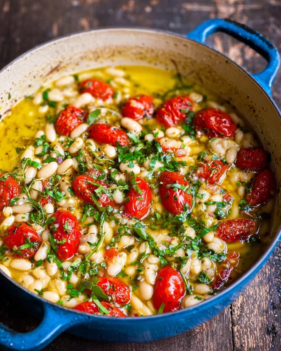 The image shows a shallow blue pot filled with a warm dish made of small white beans, bright red cherry tomatoes, and green herbs scattered on top. The dish has a yellowish olive oil layer that covers the beans and tomatoes, giving it a shiny, soft texture. The tomatoes are whole and halved, mixing with the creamy beans and small green leaves for color. The pot is placed on a dark wooden surface. photo taken with an iphone --ar 4:5 --v 7