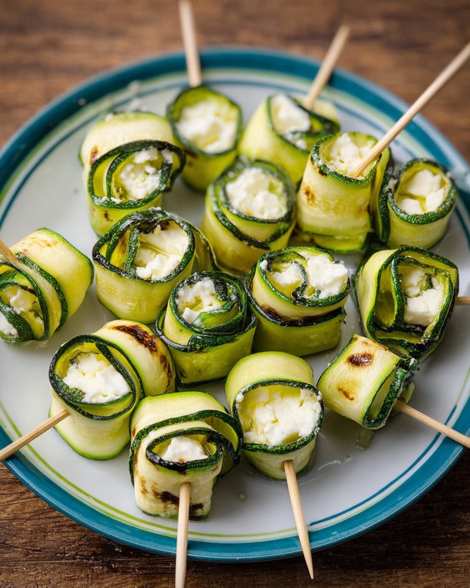 The image shows a white plate with a green and blue rim filled with small skewers of rolled zucchini slices wrapped around a white soft cheese filling. Each skewer holds two or three zucchini rolls, revealing the vibrant light green outer zucchini skin with a darker green edge and the creamy white cheese inside. The zucchini slices look fresh and slightly grilled with light char marks. The skewers are wooden and scattered randomly on the plate, sitting on a dark wooden surface. photo taken with an iphone --ar 4:5 --v 7