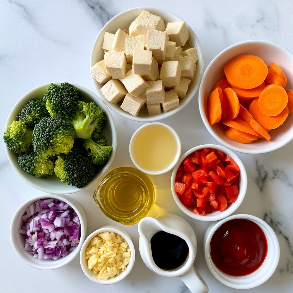 The image shows eight small white bowls arranged on a white marbled surface. The top center bowl is filled with many light beige cubes of extra firm tofu. To the right, a bowl holds several rounds and slices of bright orange carrots. Below the tofu and slightly to the left, a bowl contains green broccoli florets with darker green tops and lighter green stems. To the right of the broccoli, there is a bowl filled with red chopped bell pepper pieces. Below the broccoli, a smaller bowl has finely chopped purple and white red onion. Next to the onion, a small jug is filled with golden olive oil. To the right of the olive oil, a small bowl contains a light yellow rice vinegar. Above the vinegar, a small white bowl holds crushed pale yellow garlic. Between the rice vinegar and garlic, a small spouted white jug contains dark soy sauce. Next to the soy sauce on the lower right, a small bowl has deep red hot sauce. The words labeling each ingredient appear in black text on white background. Photo taken with an iphone --ar 4:5 --v 7
