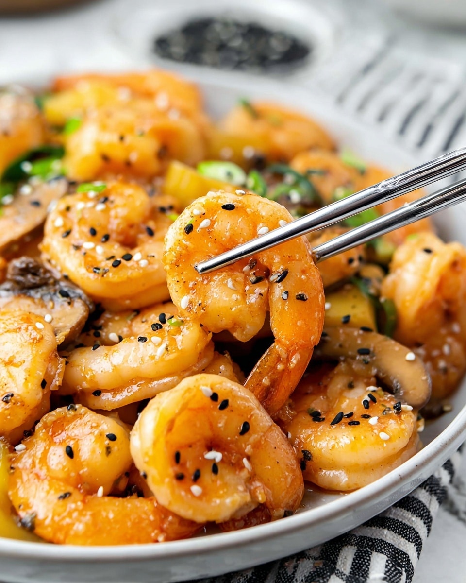 The image shows a close-up of cooked shrimp piled on a white plate. The shrimp are orange and shiny, coated with a sauce and sprinkled with small black sesame seeds across their curled shapes. Among the shrimp, there are visible chunks of light yellow and green vegetables, and some brown mushroom pieces are also seen in the background. A pair of shiny silver chopsticks holds one shrimp up in the front of the image. The plate sits on a cloth with black and white stripes over a white marbled surface. photo taken with an iphone --ar 4:5 --v 7