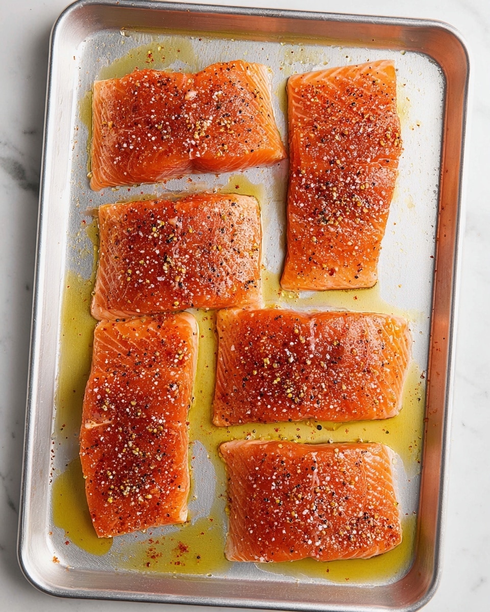 Four pieces of raw salmon fillets lie side by side on a silver baking sheet, each one covered with a layer of reddish-orange seasoning mixed with small white salt flakes and black pepper. The salmon has a slightly shiny, oily texture with a drizzle of golden oil around and between the fillets, giving a fresh and moist look. The baking sheet rests on a white marbled surface, adding a clean and bright contrast to the scene. photo taken with an iphone --ar 4:5 --v 7