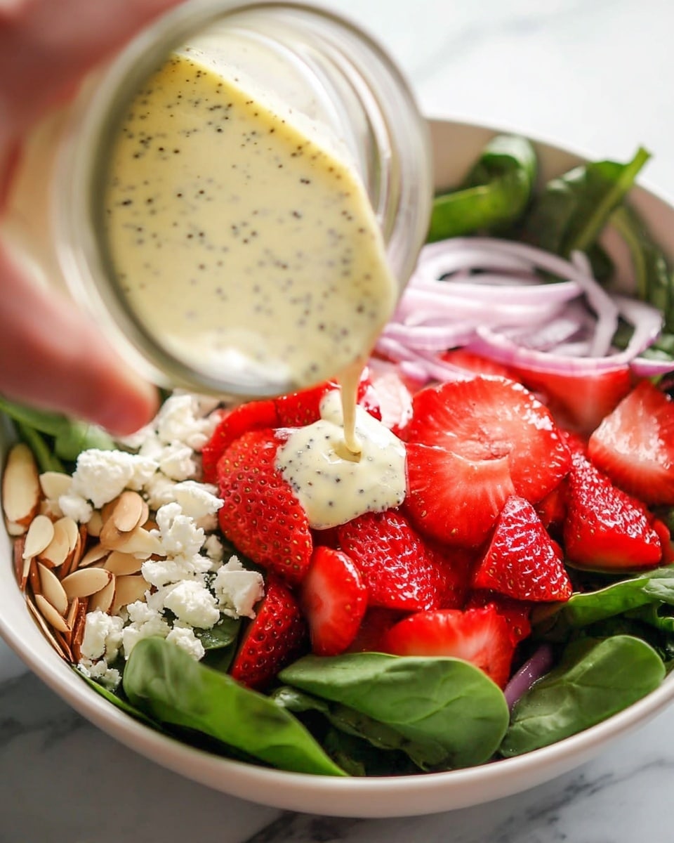 A white bowl filled with fresh green spinach leaves at the bottom, topped with bright red sliced strawberries arranged mostly on the right side. On the left side above the spinach are light brown toasted almond slices. There is white crumbled cheese scattered in the middle, next to thin slices of purple onion on the right. A pale yellow dressing with black seeds is being poured from a glass jar by a woman's hand directly over the strawberries and cheese. The bowl sits on a white marbled surface. Photo taken with an iphone --ar 4:5 --v 7