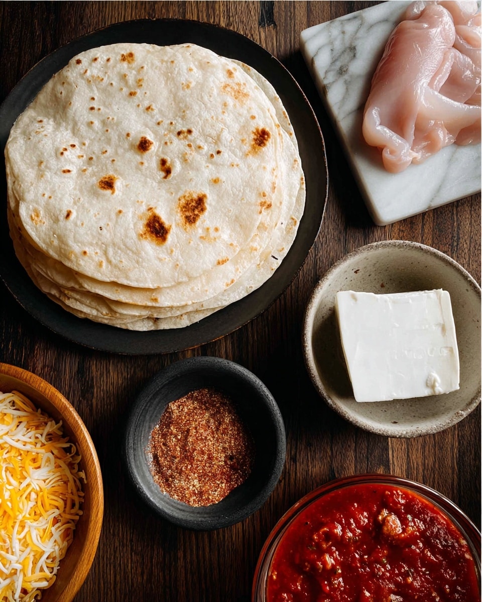 The image shows a flat stack of light beige tortillas with a few brown spots on top, positioned in the upper center. Below the tortillas on the left side, there is a black plate holding raw pale pink meat with smooth texture. To the right of the tortillas, a white bowl contains a thick, white creamy block. Below the plate of meat, a small black bowl filled with a reddish-brown coarse spice powder with visible flakes is present. To the right of this bowl, a large clear bowl holds thick, bright red sauce with chunks and seeds. In the lower left corner, a wooden bowl filled with shredded yellow and white cheese sits partially visible. The items are all placed on a dark wooden surface changed to a white marbled texture. photo taken with an iphone --ar 4:5 --v 7