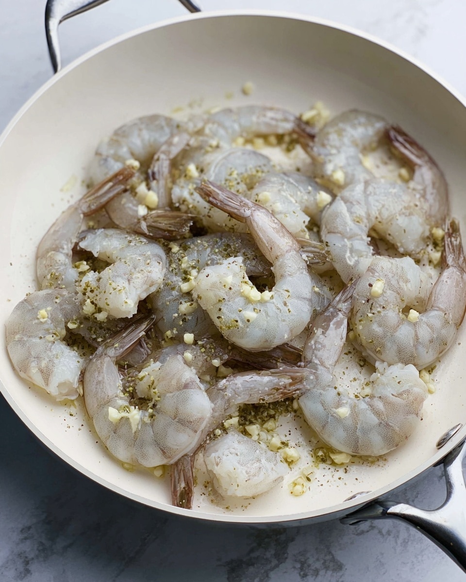 A close-up view of raw shrimp with shells on, placed in a white pan. The shrimp are a mix of translucent light gray and pale white colors, with visible tails. They are seasoned with small, scattered pieces of minced garlic and a light sprinkle of green and black spices, spread evenly over the shrimp. The pan is white with silver handles, and the scene is set on a white marbled surface. Photo taken with an iphone --ar 4:5 --v 7