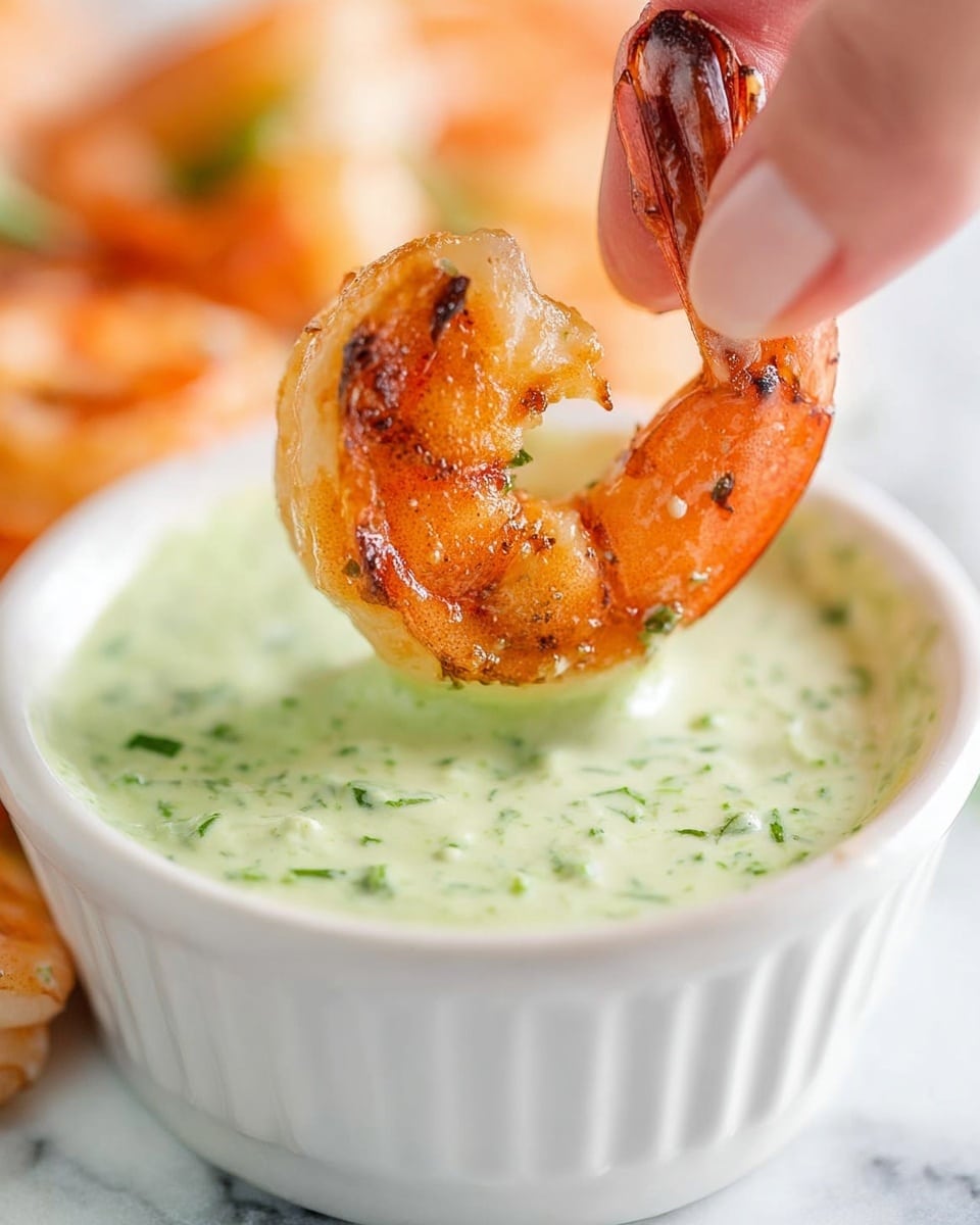 A close-up shows a woman’s hand holding a cooked orange shrimp by the tail, dipping it into a small white bowl filled with a light green creamy sauce with visible green herb bits. The shrimp has light grill marks and a slightly translucent texture. The background is a white marbled texture with some blurred shrimp pieces. Photo taken with an iphone --ar 4:5 --v 7